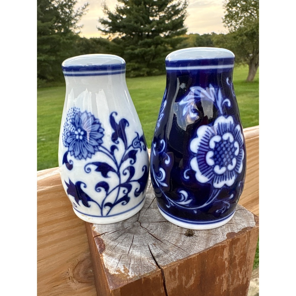 Vintage Pier 1 Imports Blue and White Floral Ceramic Salt and Pepper Shakers Set